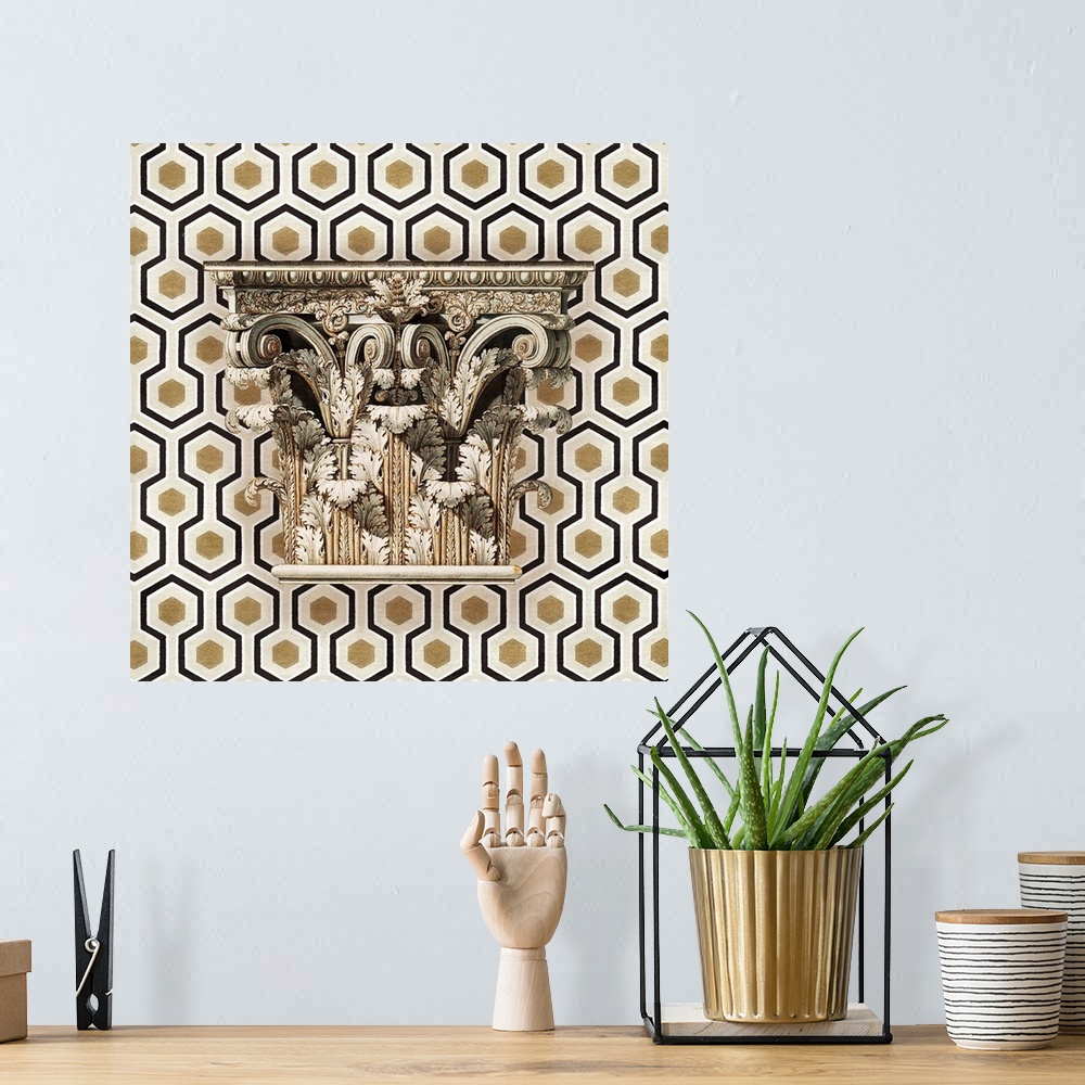 A bohemian room featuring A classical Greco-Roman column over a modern graphic background.