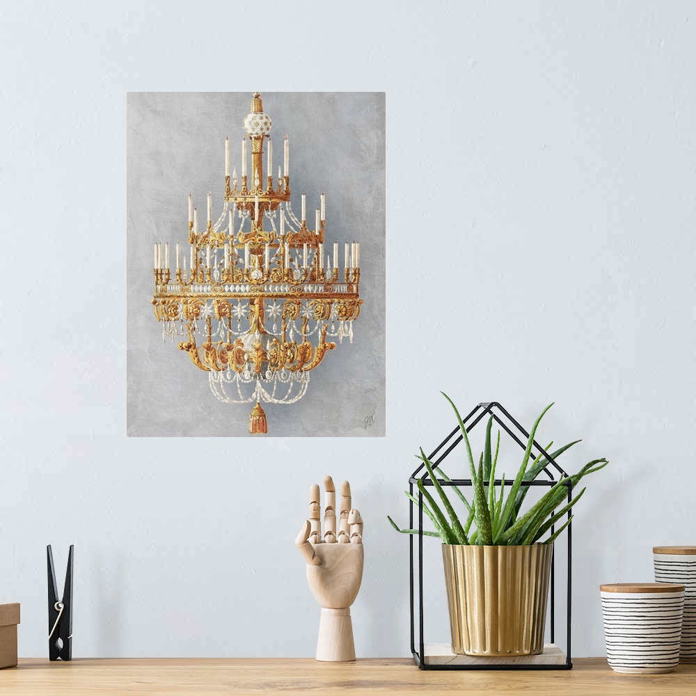A bohemian room featuring A gilded crystal chandelier dressed with candles.