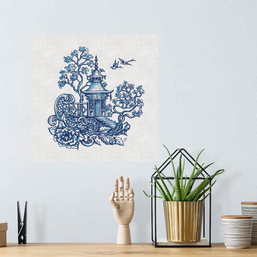 A bohemian room featuring Chinoiserie featuring a pagoda with birds in flight in blue over a linen background.