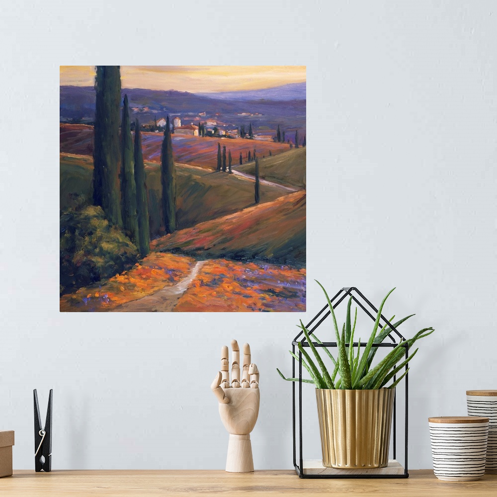 A bohemian room featuring Fine art painting of a warm sunlit afternoon in Italy.