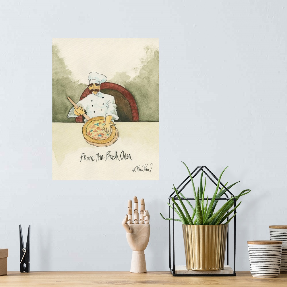 A bohemian room featuring Watercolor painting with pen and ink details of a chef making a pizza titled Brick Oven by Alan P...