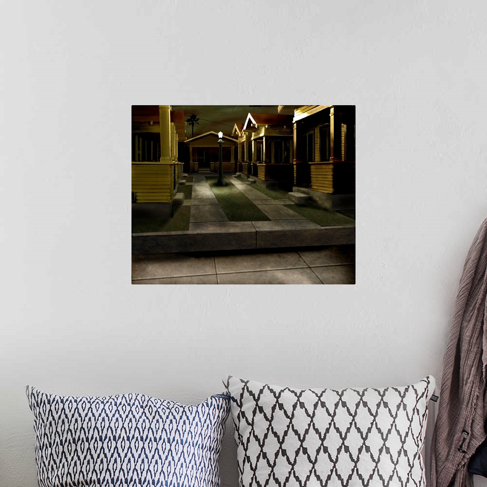 A bohemian room featuring Digital art painting of compact houses with one street lamp to illuminate sidewalk.
