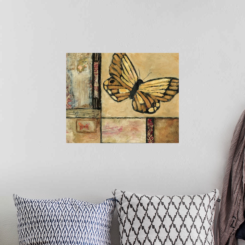 A bohemian room featuring Contemporary artwork of a golden yellow butterfly over a distressed background.
