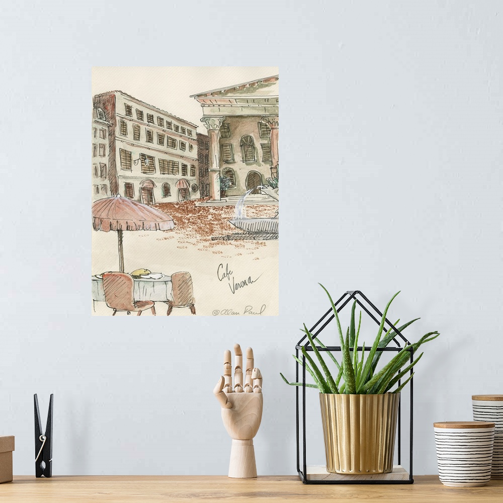 A bohemian room featuring Watercolor painting with pen and ink details of a cafe table for two in Verona with an umbrella b...