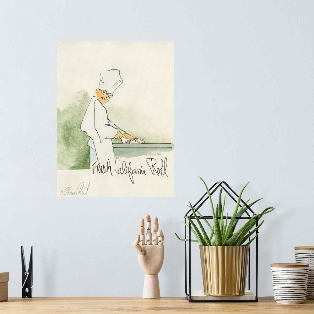 A bohemian room featuring Watercolor painting with pen and ink details of a chef making sushi titled California Roll by Ala...