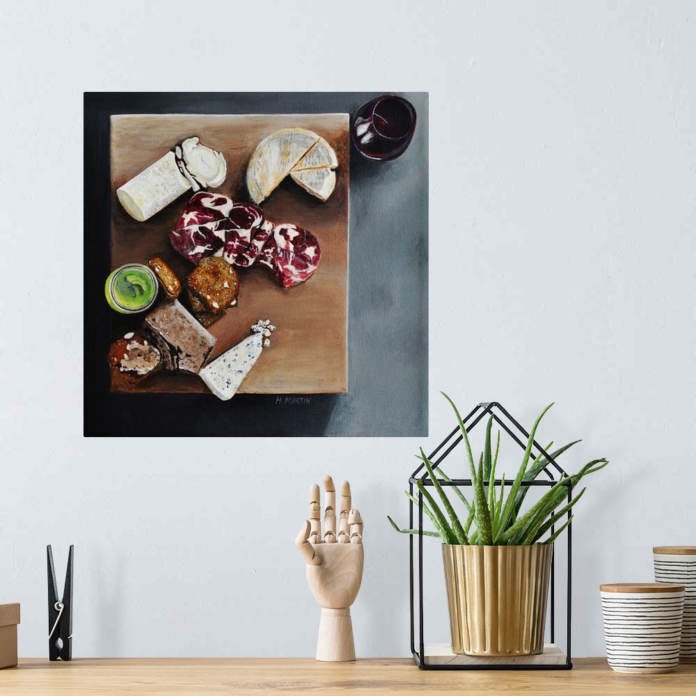 A bohemian room featuring Fine art oil painting of a wooden cheese board with samples of brie, goats milk cheese, meat and ...