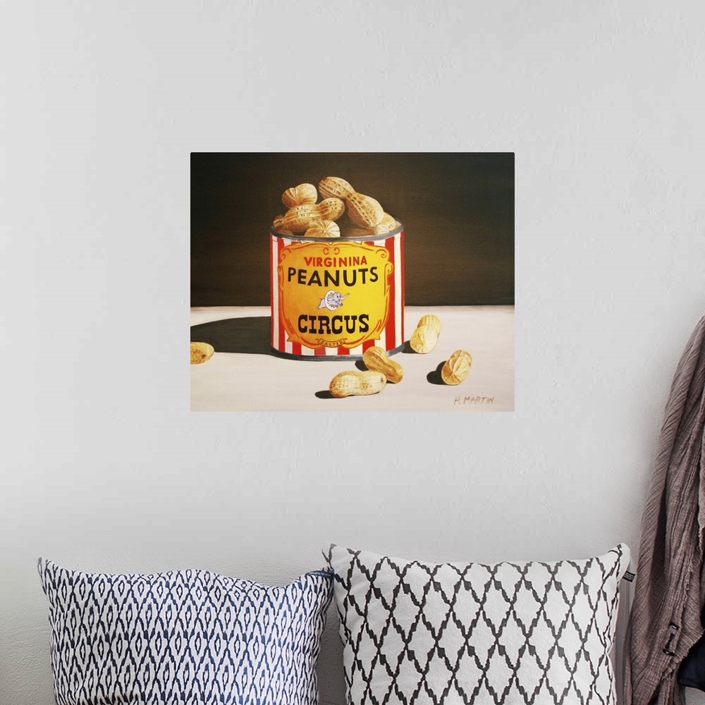 A bohemian room featuring Fine art oil painting of circus peanuts in a tin can sitting atop a table in this beautiful still...