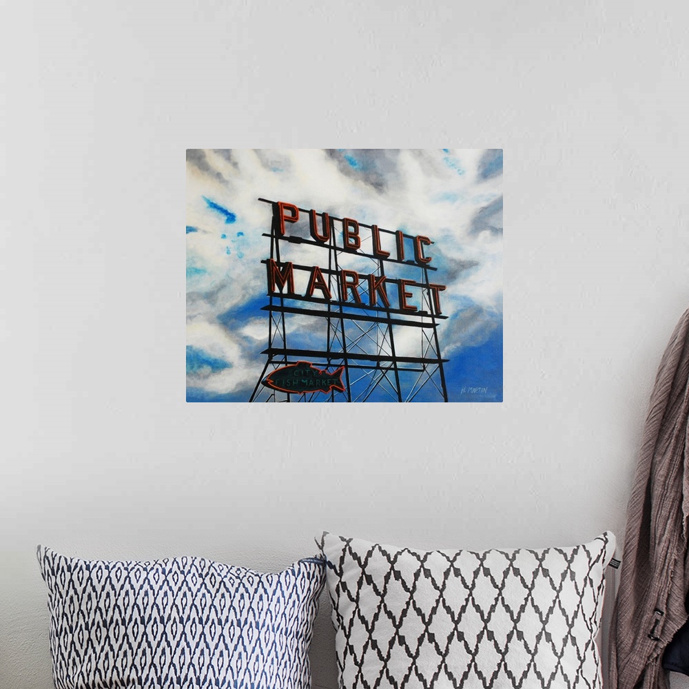 A bohemian room featuring Fine art oil painting of the Public Market, City Fish Market sign in Seattle, Washington by Heidi...