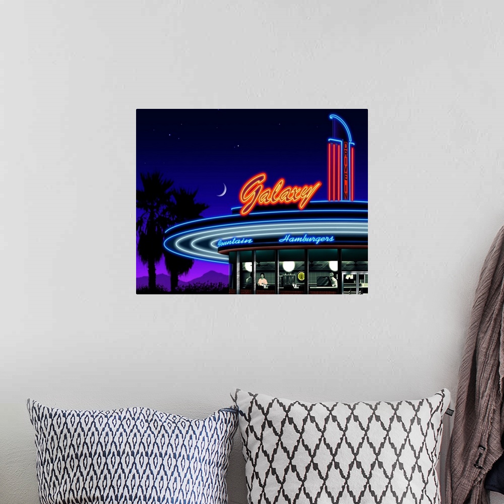 A bohemian room featuring Digital art painting of the Galaxy Drive-In restaurant sign in glowing neon.