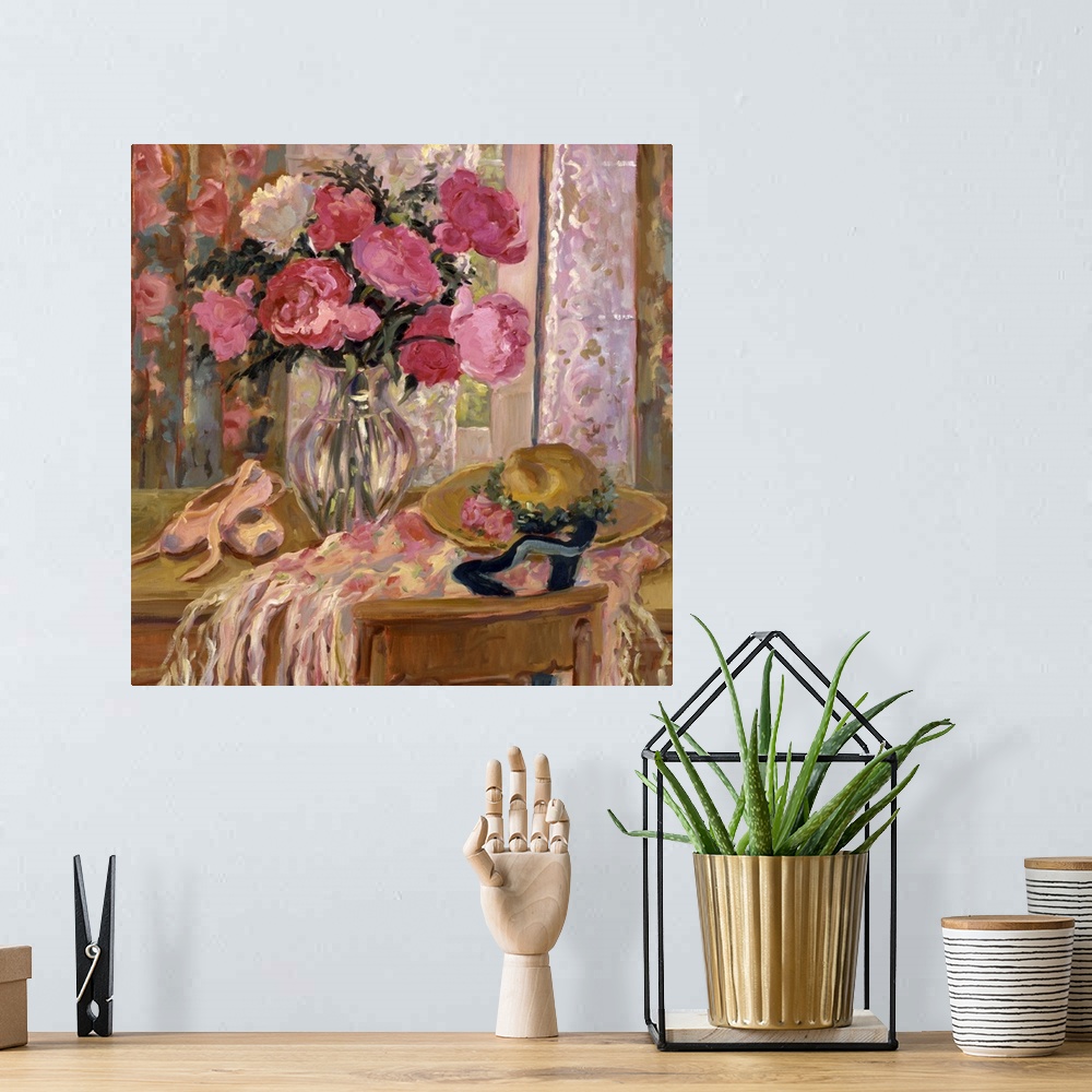 A bohemian room featuring Fine art oil painting still life of flowers, ballet slippers and a hat on a table in beautiful sh...