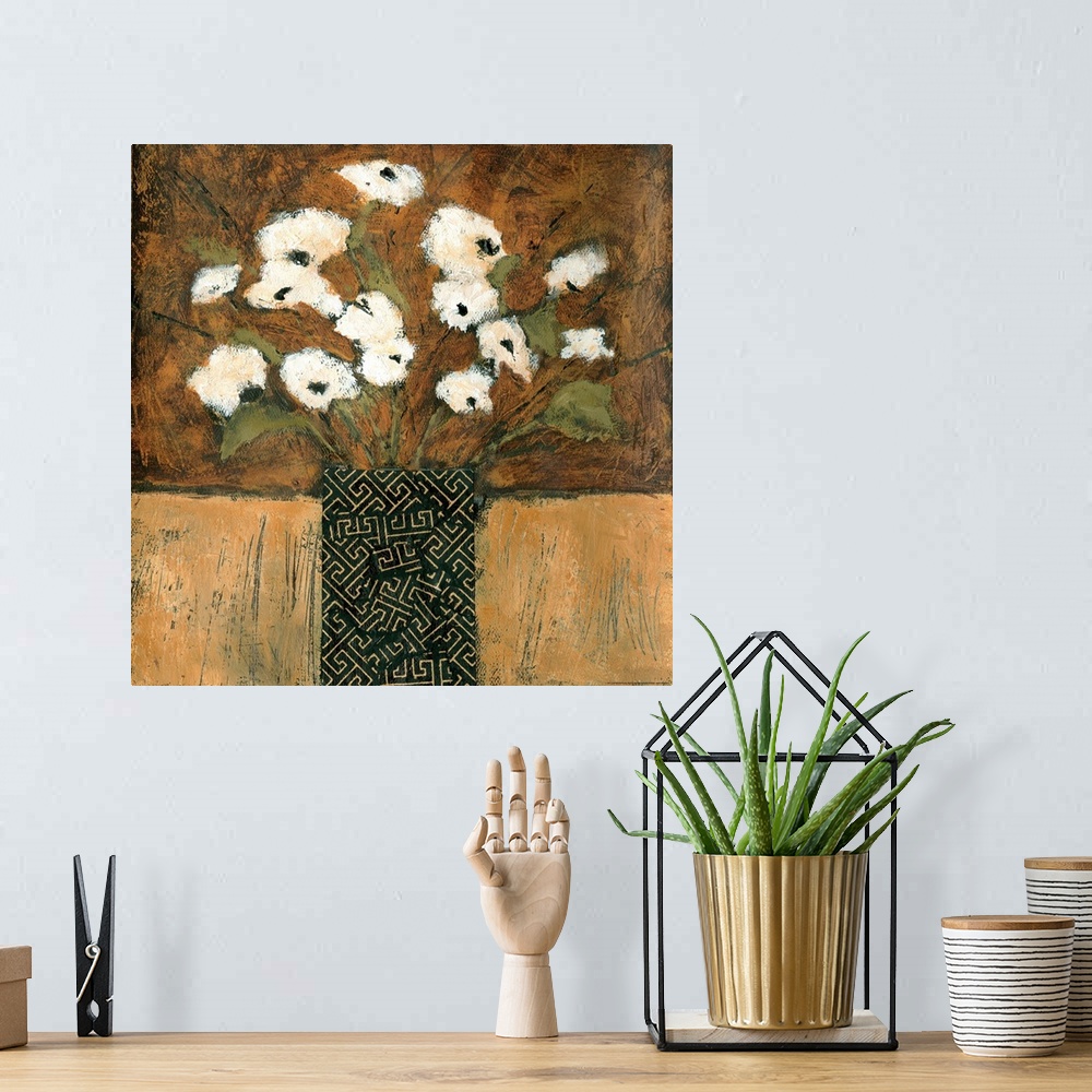 A bohemian room featuring Contemporary painting of a bouquet of white flowers in a patterned vase.