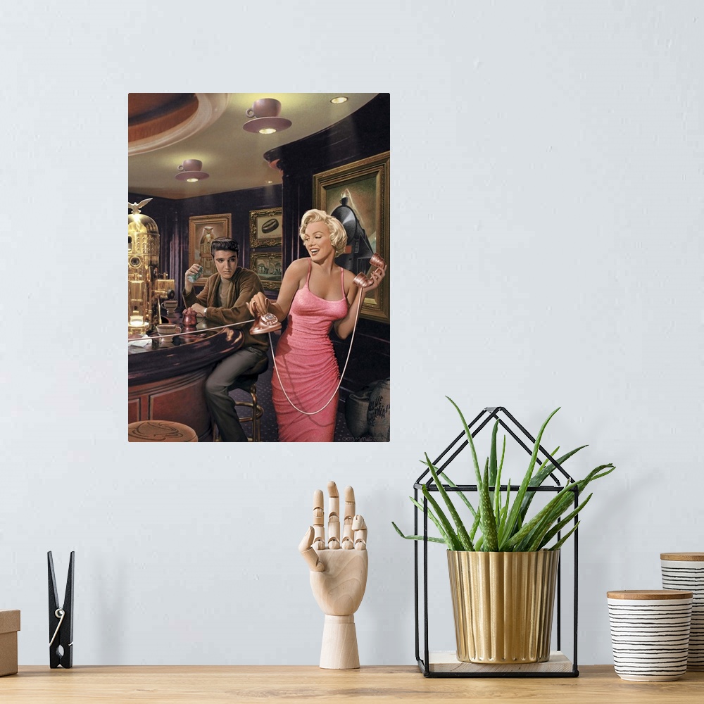 A bohemian room featuring Digital fine art image of Marilyn Monroe and Elvis Presley at a vintage themed bar.