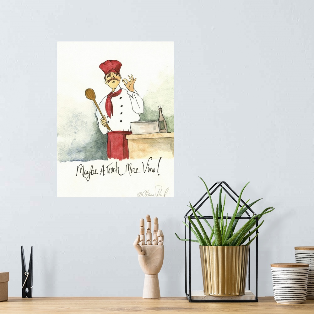 A bohemian room featuring Watercolor painting with pen and ink details of a chef seasoning a dish titled More Vino by Alan ...