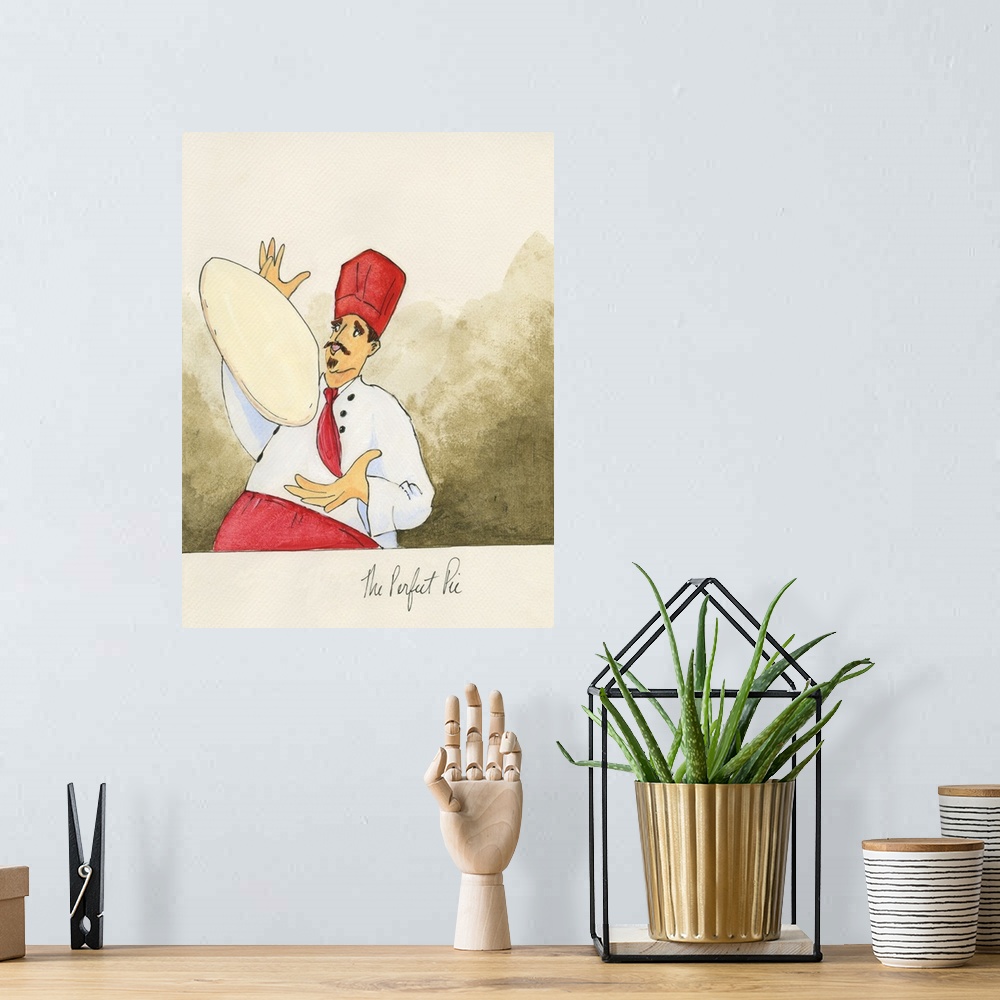 A bohemian room featuring Watercolor painting with pen and ink details of a chef tossing pizza dough titled Perfect Pie by ...