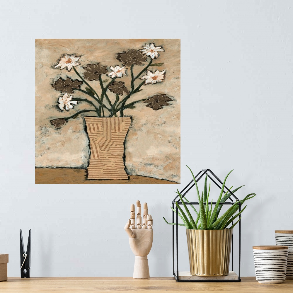 A bohemian room featuring Contemporary artwork of a bouquet of white and brown cosmos flowers.