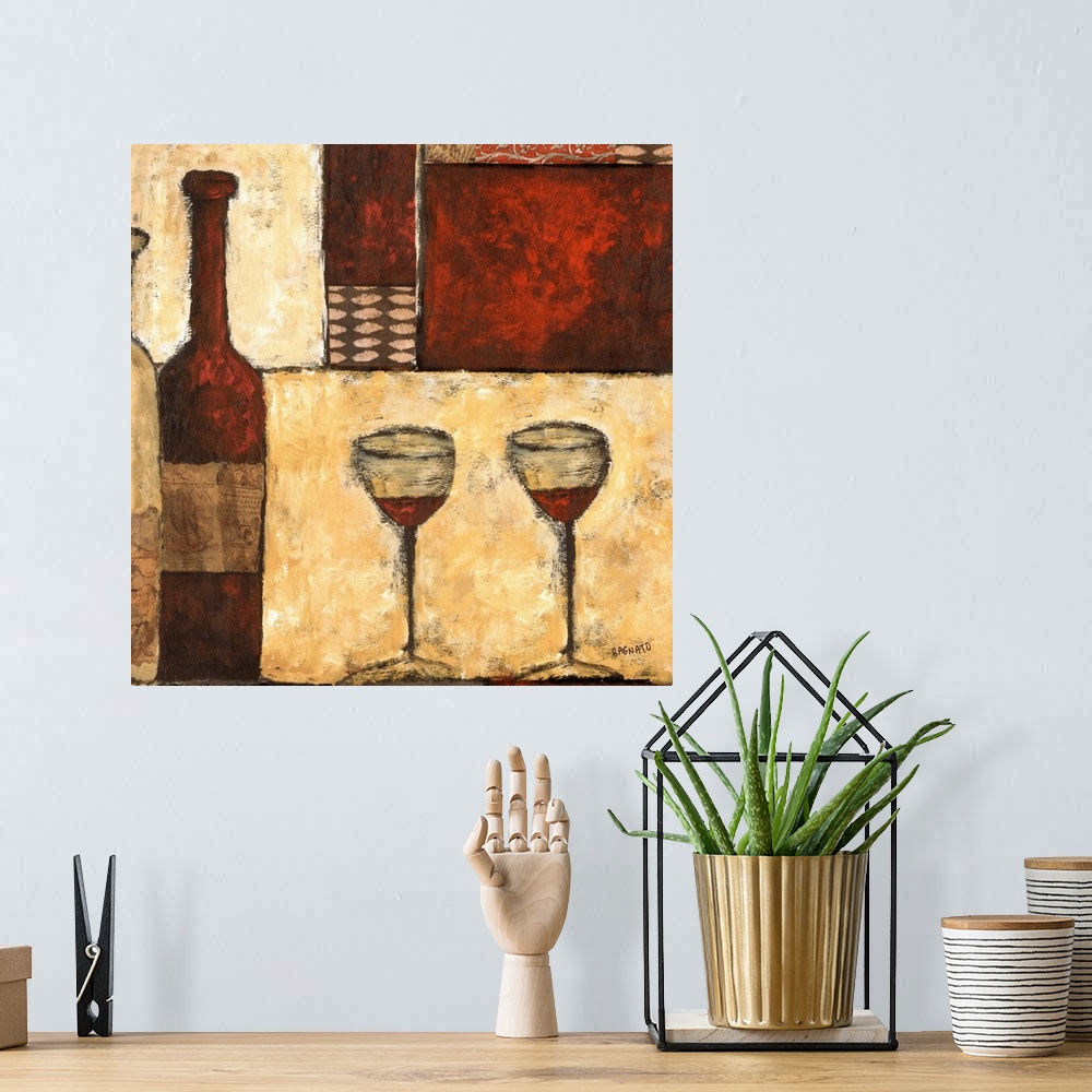 A bohemian room featuring Contemporary textured painting of a bottle of red wine with two glasses over various polygons.