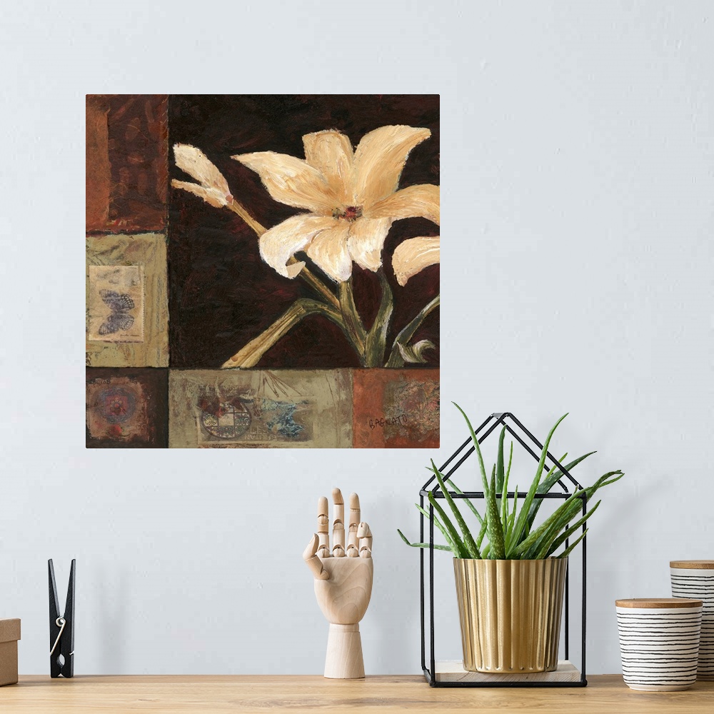 A bohemian room featuring Contemporary painting of a stargazer on a black background with mixed media borders collage-style.