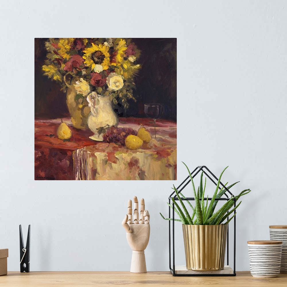 A bohemian room featuring Fine art oil painting still life of bright yellow sunflowers, pears, lemons and grapes with a gla...