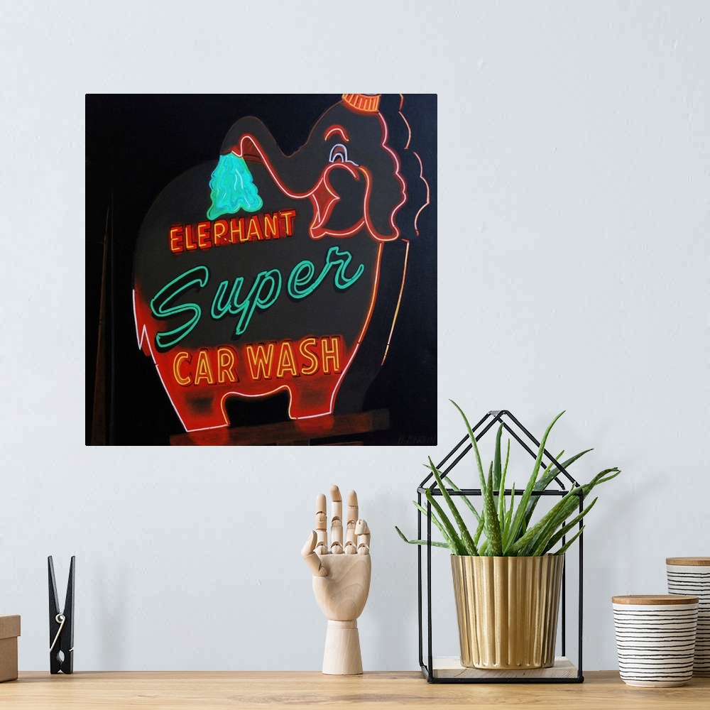 A bohemian room featuring Fine art oil painting of a vintage neon super car wash elephant set against a dark background by ...