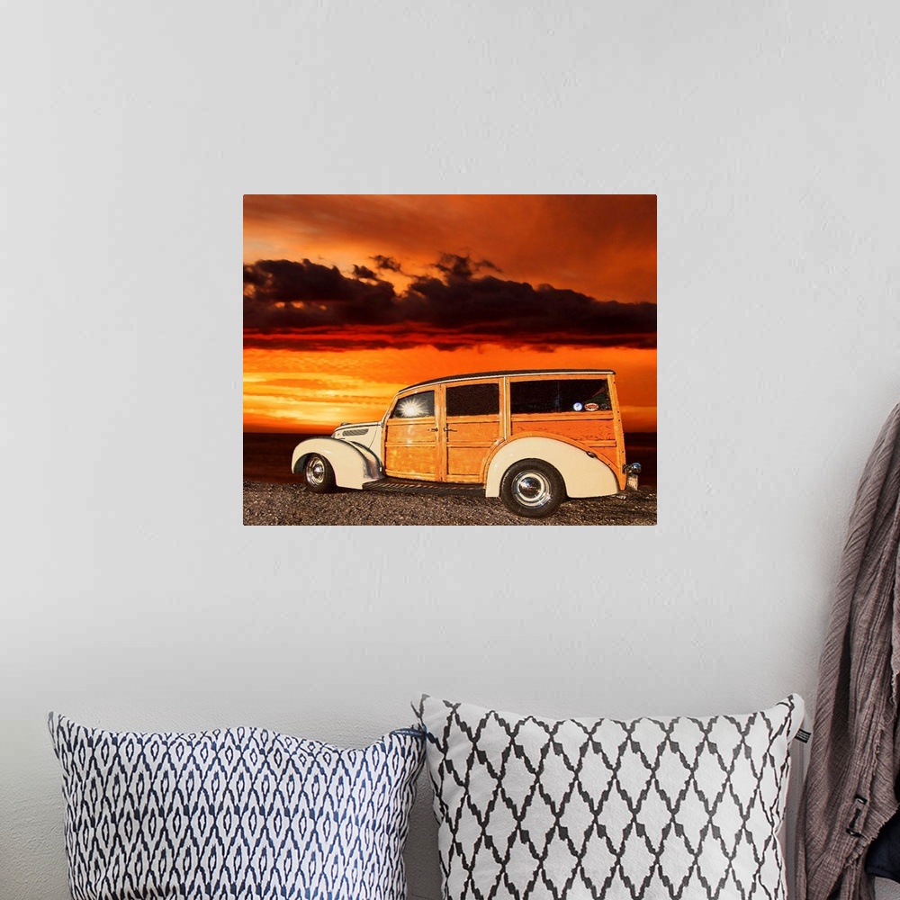 A bohemian room featuring Digital art painting of a tan Woody style car with a beautiful background sky.