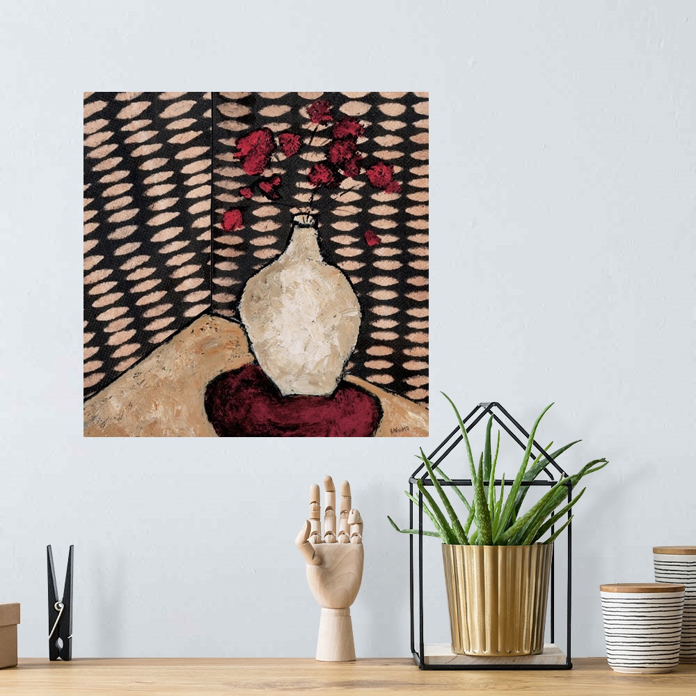A bohemian room featuring Contemporary painting of a bouquet of red flowers in a white vase.