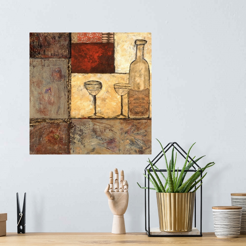 A bohemian room featuring Contemporary textured painting of a bottle of white wine with two glasses over various polygons.