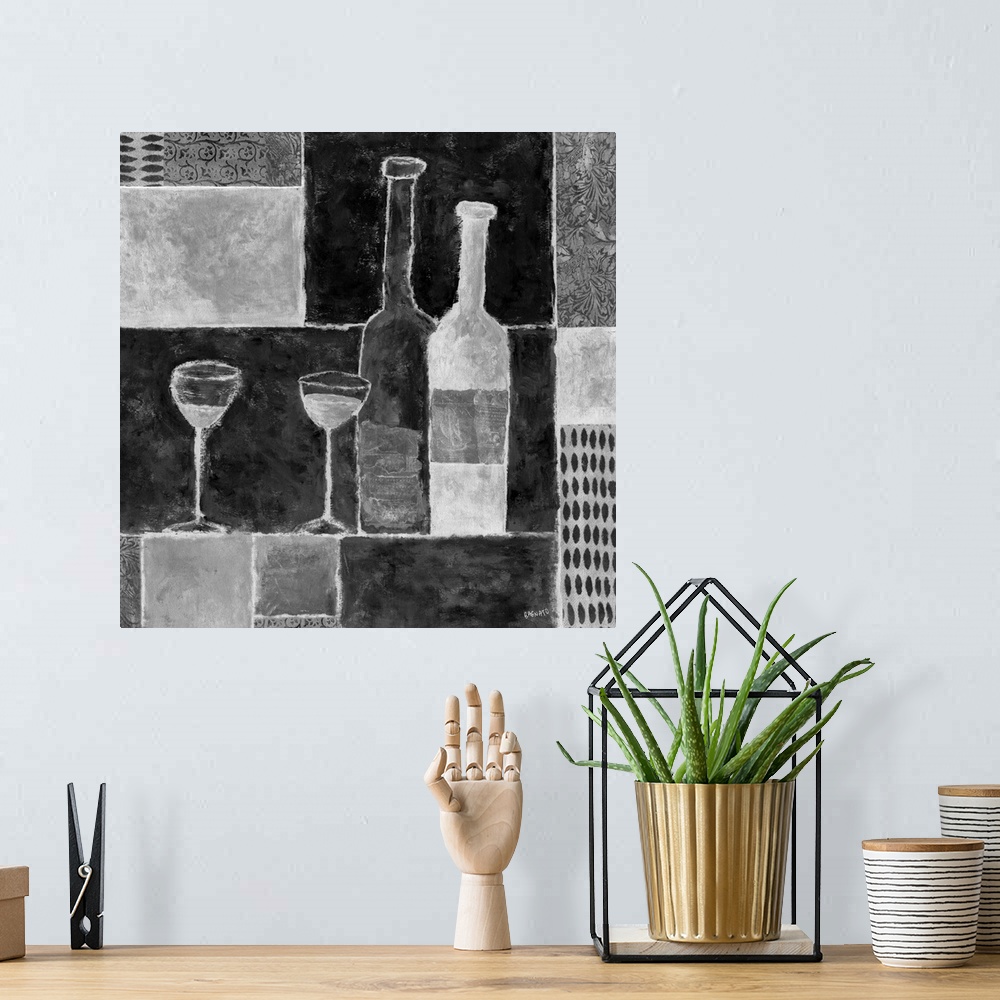 A bohemian room featuring Contemporary artwork of two bottles of wine with a geometric block pattern background.