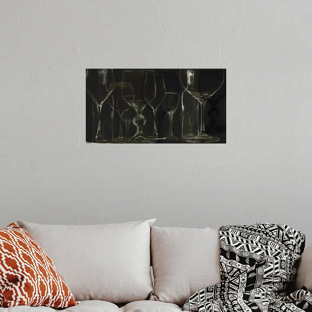 A bohemian room featuring Contemporary artwork of a chalkboard sketch-like rendering of wine glasses.