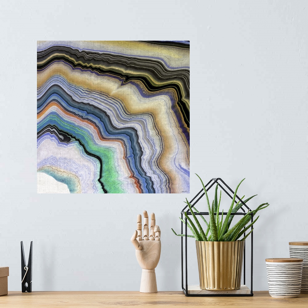 A bohemian room featuring A natural geode watercolor in shades of earth and stone.