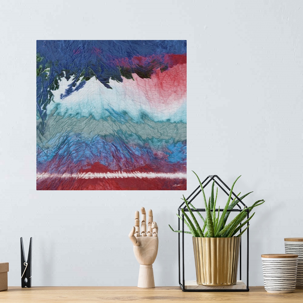 A bohemian room featuring Abstract watercolor landscape in deep rich colors.