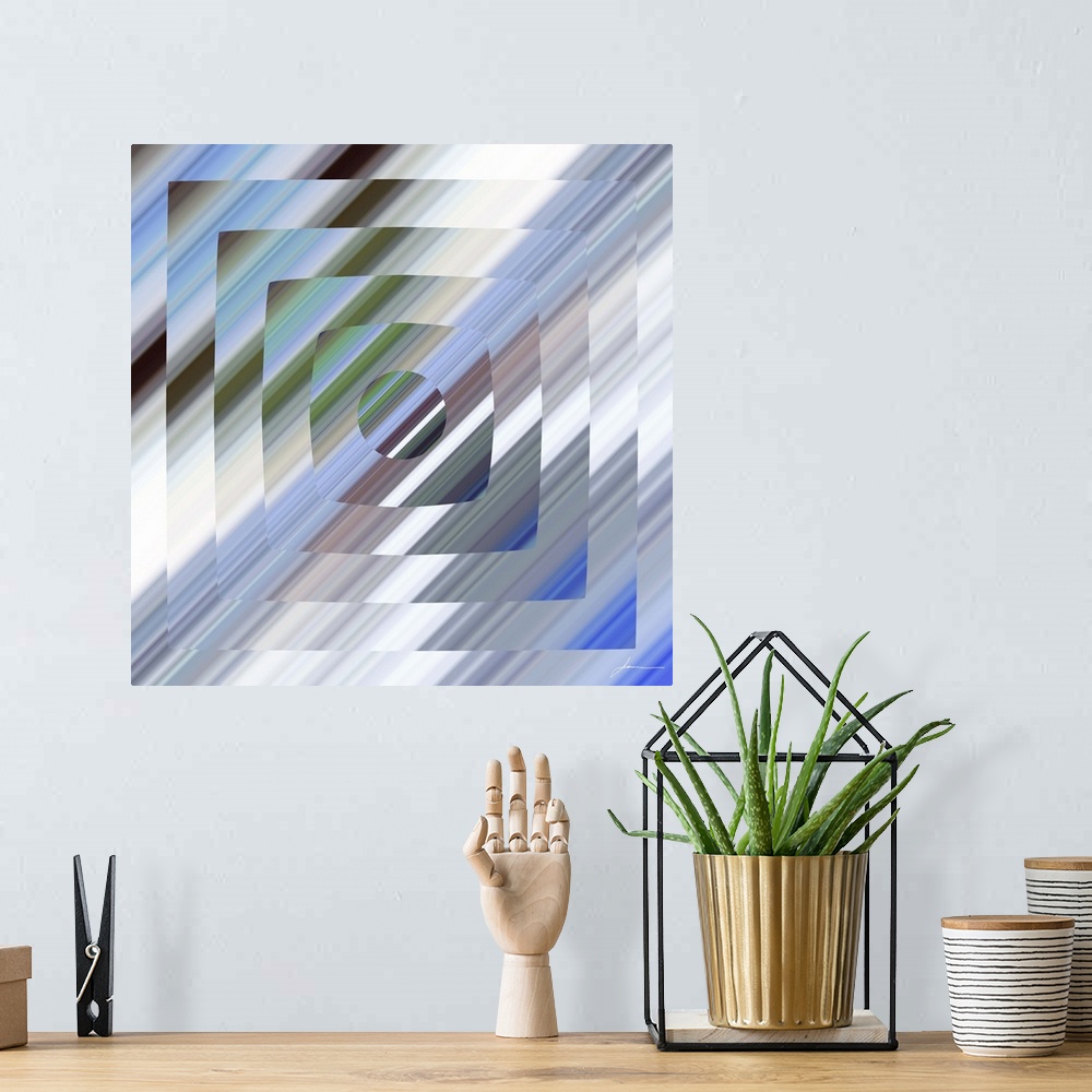 A bohemian room featuring A geometric abstract reminiscent of the flicker of old tube televisions.