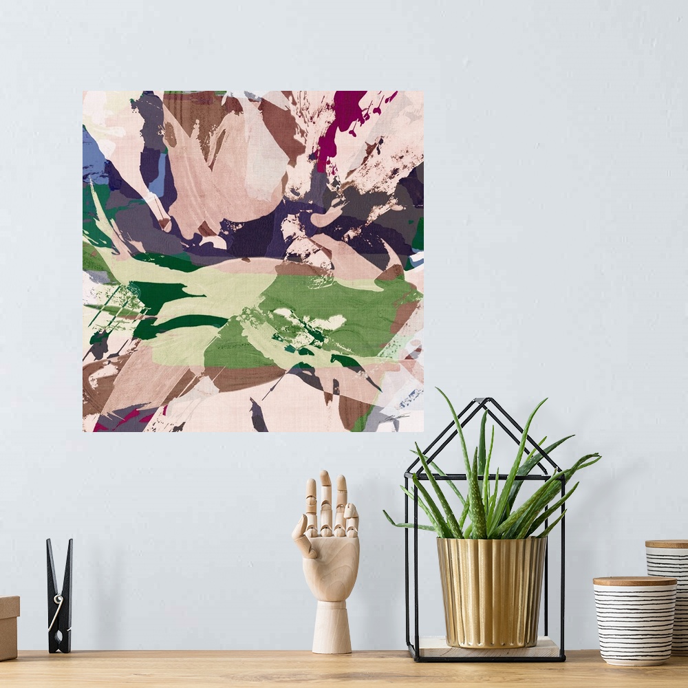 A bohemian room featuring Abstract sumi brushed petals forming a modern floral painting.