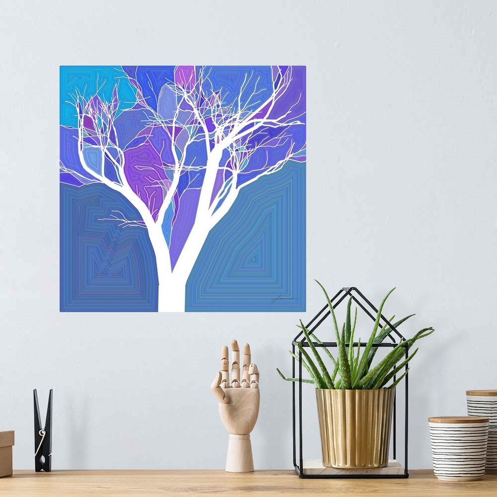 A bohemian room featuring A graphic abstract tree pops from an electric background.