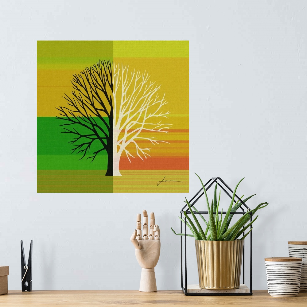 A bohemian room featuring An abstract tree silhouette on a brightly colored striped background.