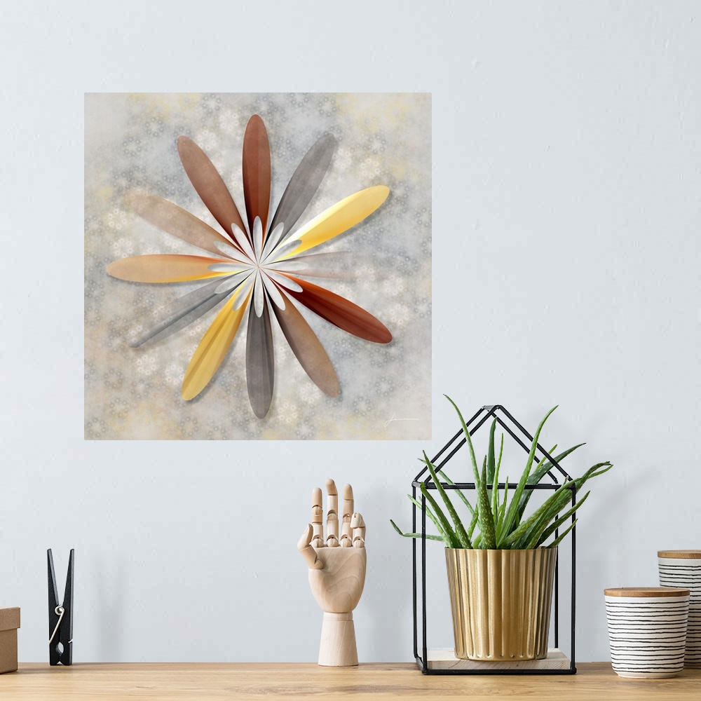 A bohemian room featuring An abstract modern flower on a field of smaller ones.