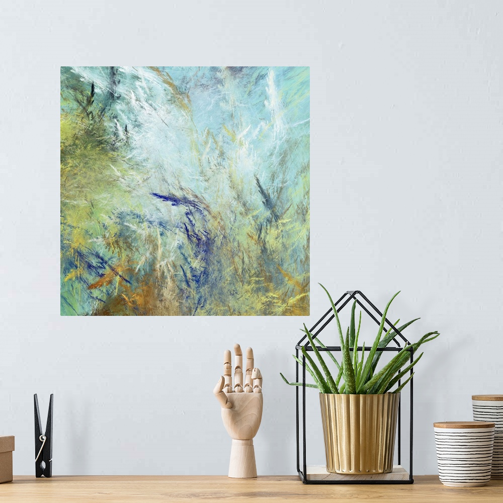 A bohemian room featuring An abstract panel with botanical and cloud overtones.