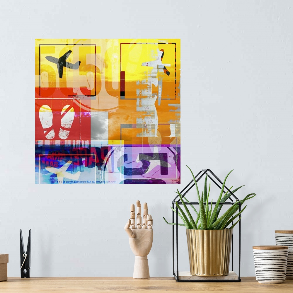 A bohemian room featuring Abstract artwork that shows several different blocks of color with airplanes shown in the corners...