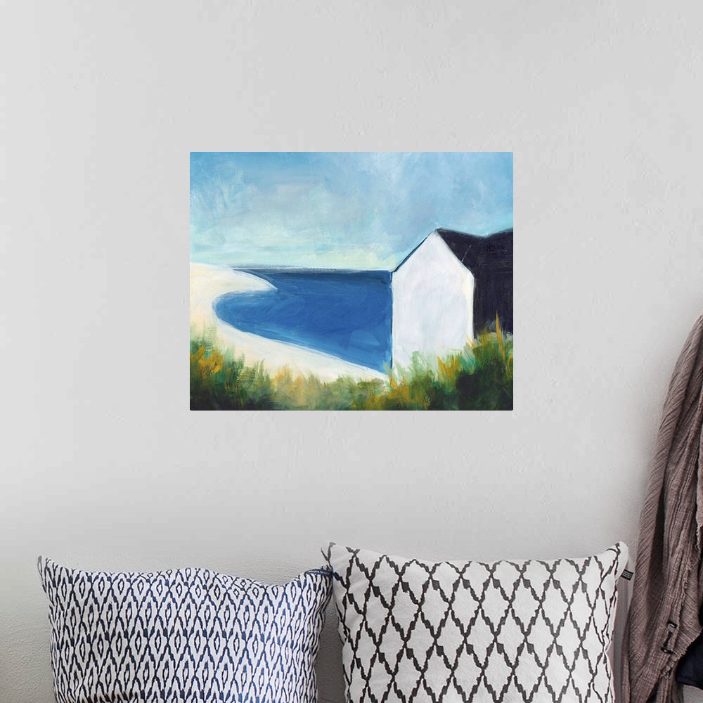 A bohemian room featuring A contemporary abstract painting of the seashore that has a small beach hut on the right side and...