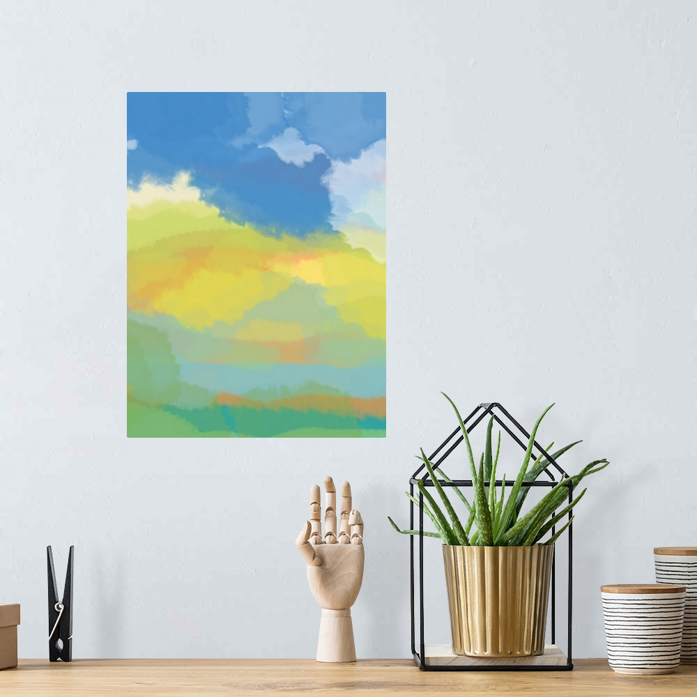 A bohemian room featuring Abstract artwork resembling a deep blue sky over a yellow and green landscape.