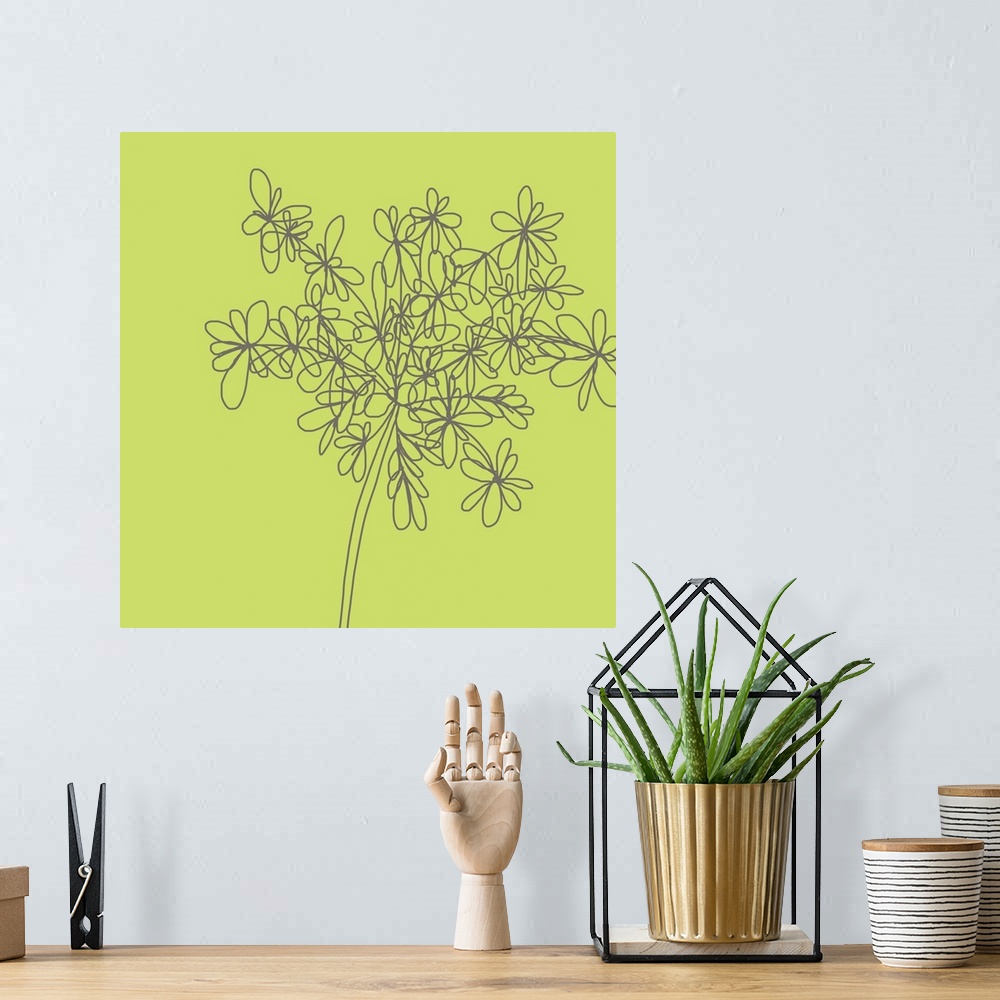 A bohemian room featuring This truly is a citron green happy flower. Created digitally with simply lines and calm illustrat...