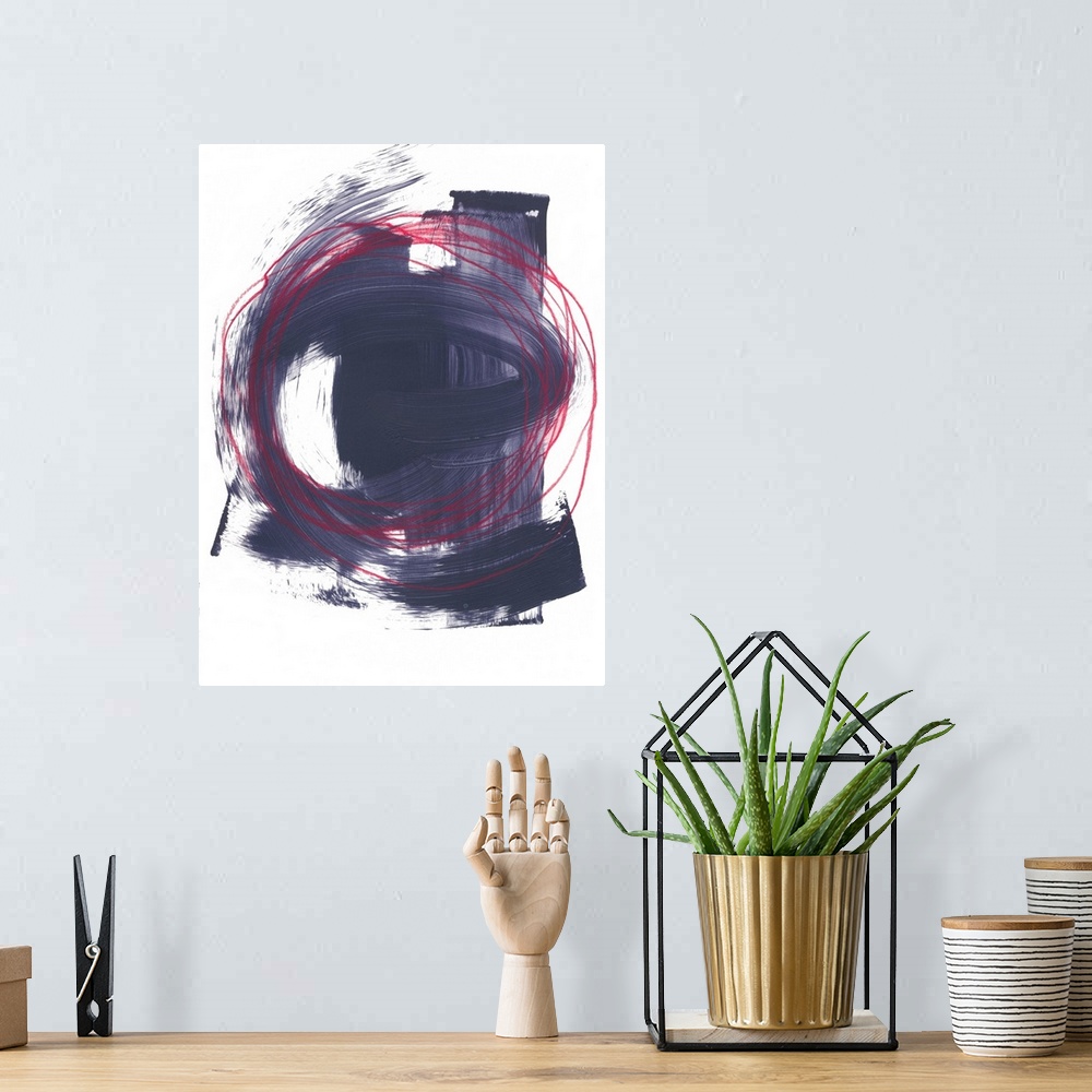A bohemian room featuring Abstract painting of multiple red circles intertwining, with strokes of paint in dark purple on t...