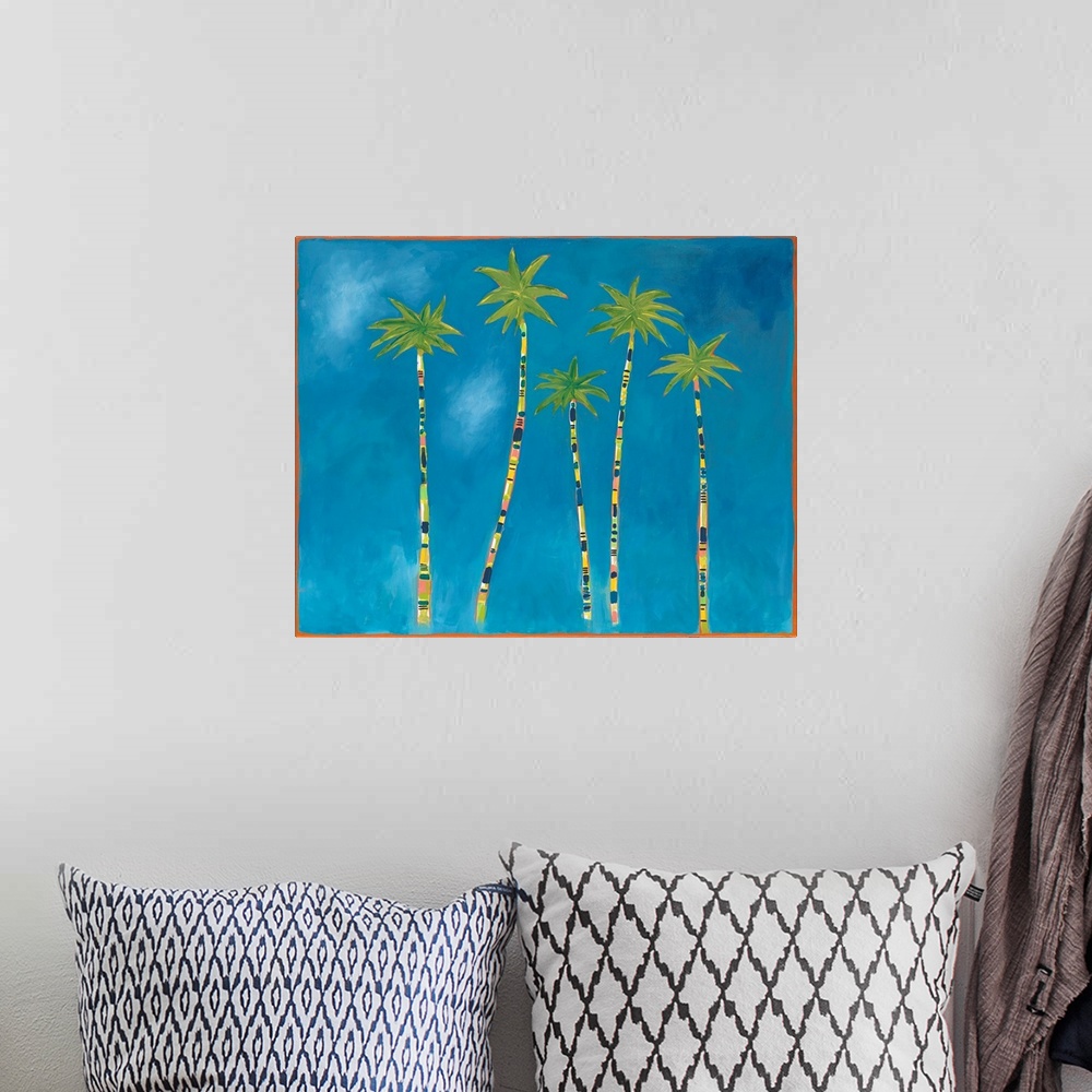 A bohemian room featuring A contemporary painting of a group of palm trees with multi-colored tree trunks and bright green ...