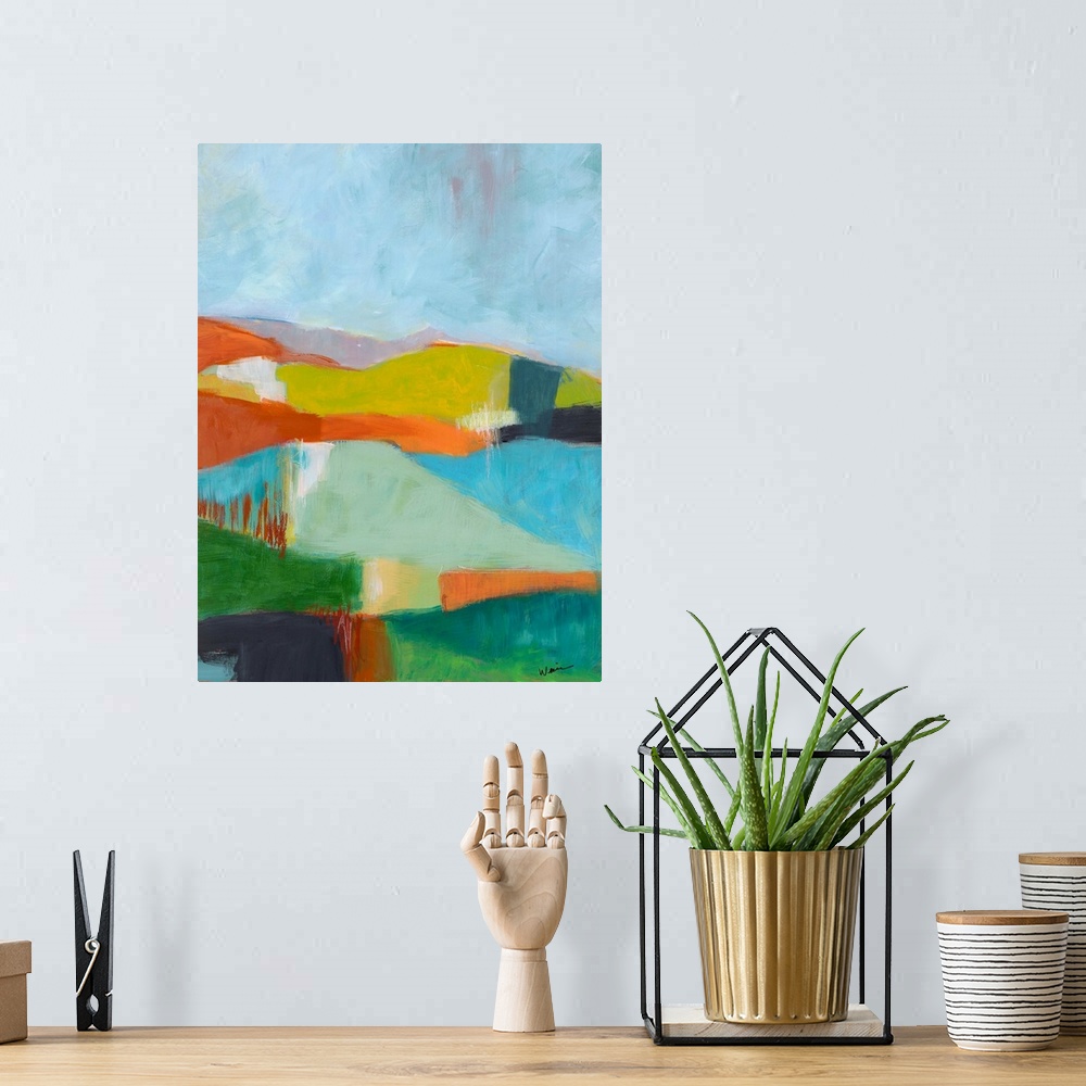 A bohemian room featuring Contemporary painting of a colorful, abstract landscape with rolling hills.