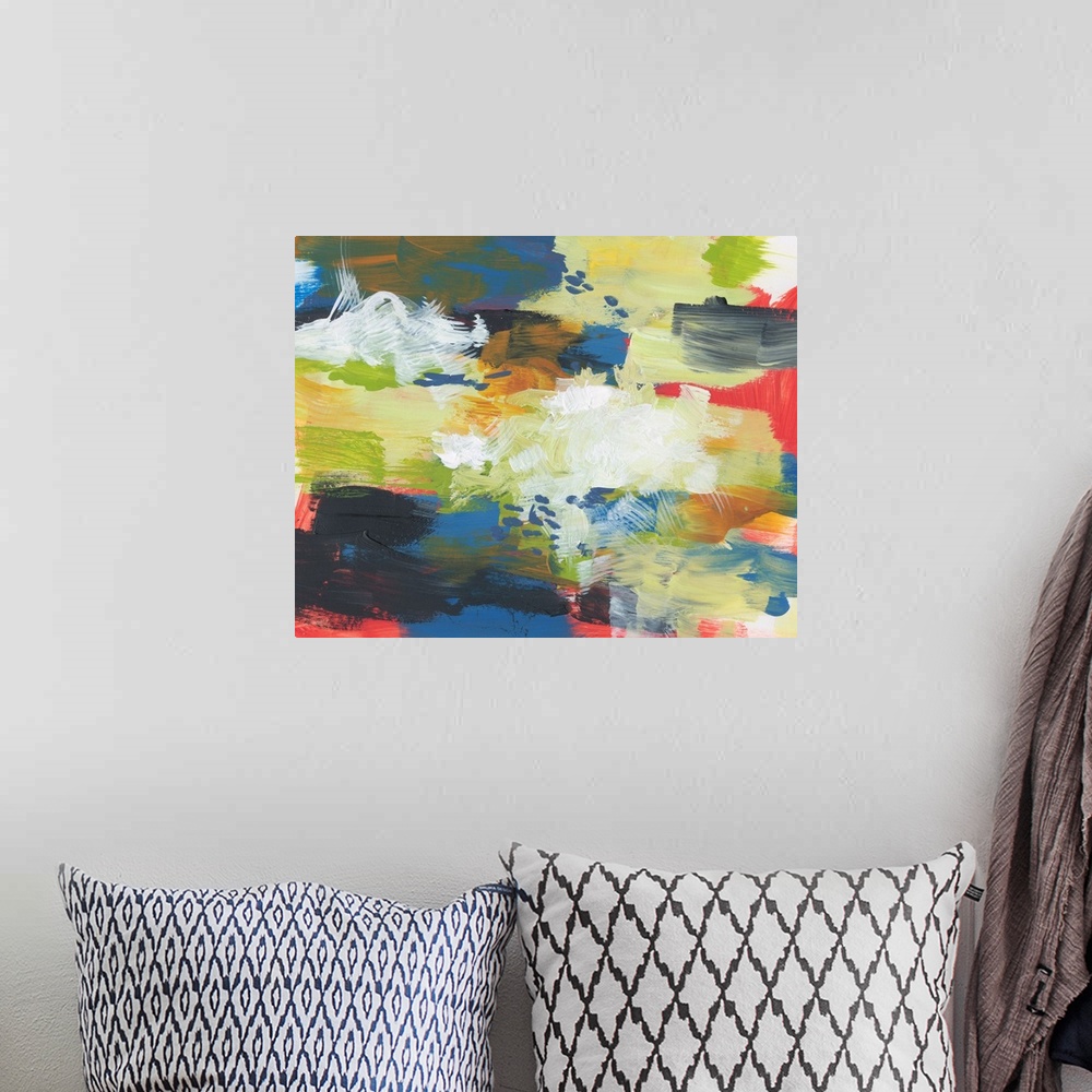 A bohemian room featuring Abstract painting with vibrant colors and textured brushstrokes with busy motion.