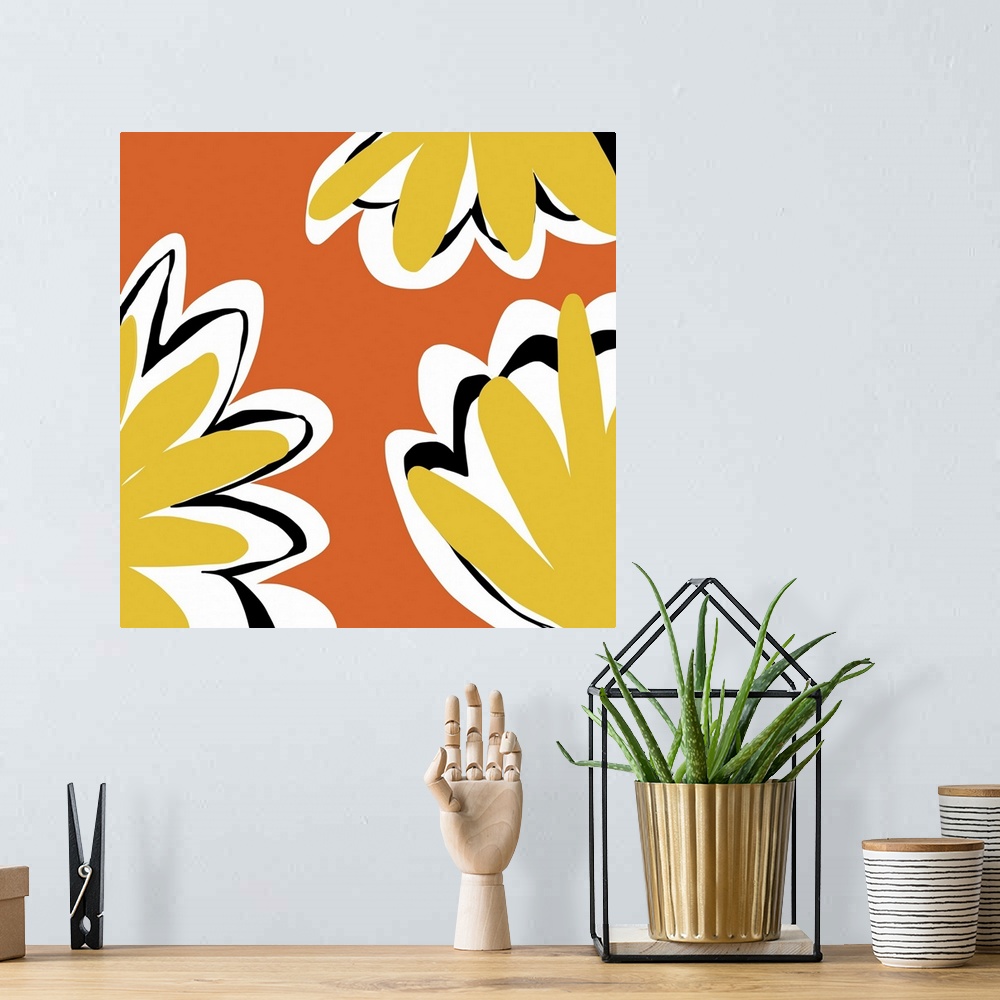 A bohemian room featuring A graphically fun yellow and Orange flower designed for residential and commercial spaces. The se...