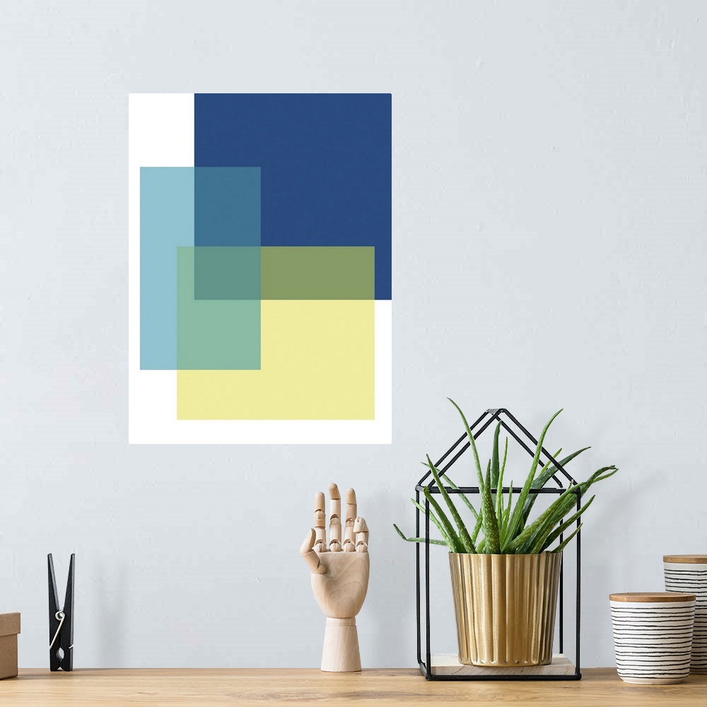 A bohemian room featuring Abstract geometric painting of rectangular overlapping shapes in blue and yellow on white.