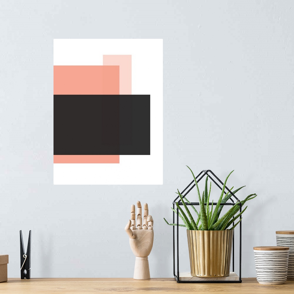 A bohemian room featuring Abstract geometric painting of rectangular overlapping shapes in pink and black on white.