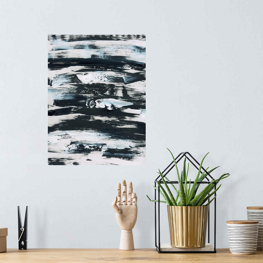 A bohemian room featuring Vertical abstract painting of textured horizontal brush strokes in black and white with hints of ...