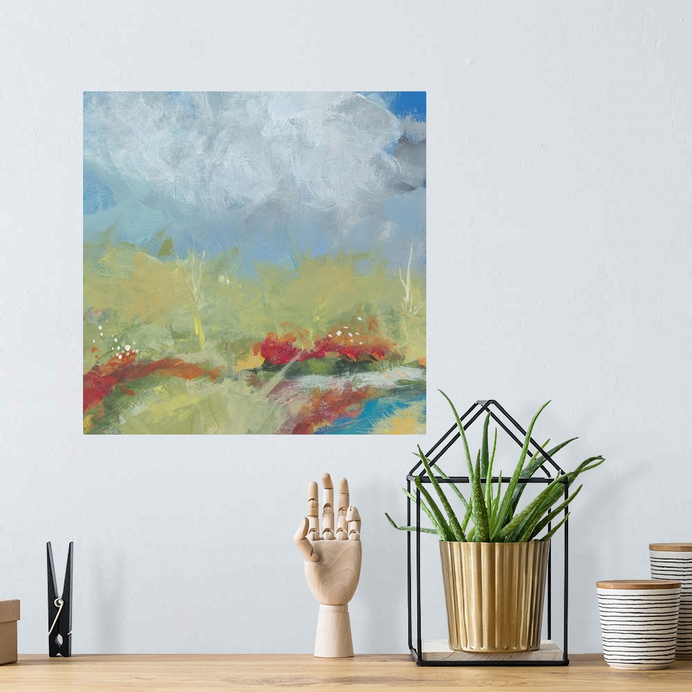 A bohemian room featuring an impressionistic landscape painted with acrylic on wood panel. A quiet stream meanders in the f...