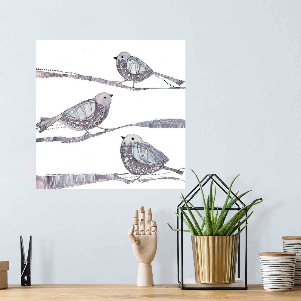 A bohemian room featuring Watercolor illustration of three small lavender birds on branches.